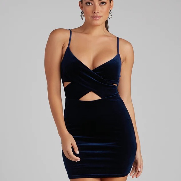 Navy Velvet Cutout Bodycon Dress - Picture 2 of 7
